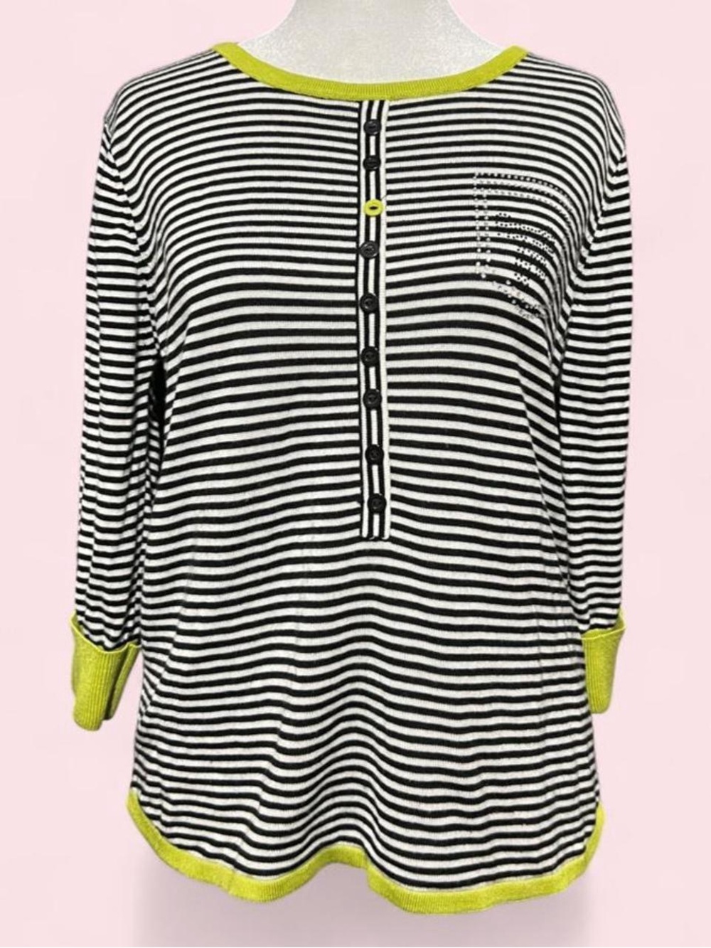 Medium Striped Black & White Knit Top with Lime Trim